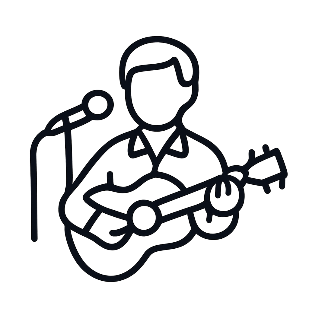 Sänger mit Gitarre und Mikrofon, standart reporting Probewitz – Standardbericht formation – Lagebericht formations.